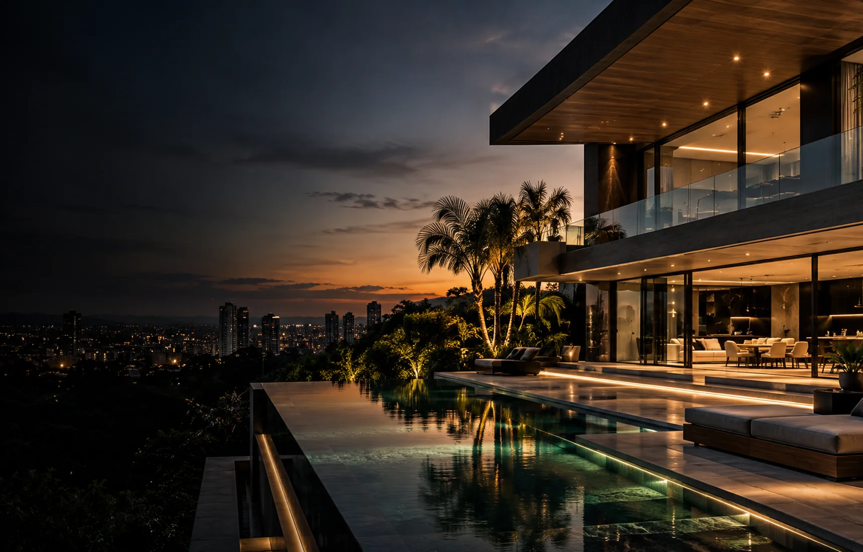 Residência contemporânea com fachada envidraçada e piscina ao entardecer