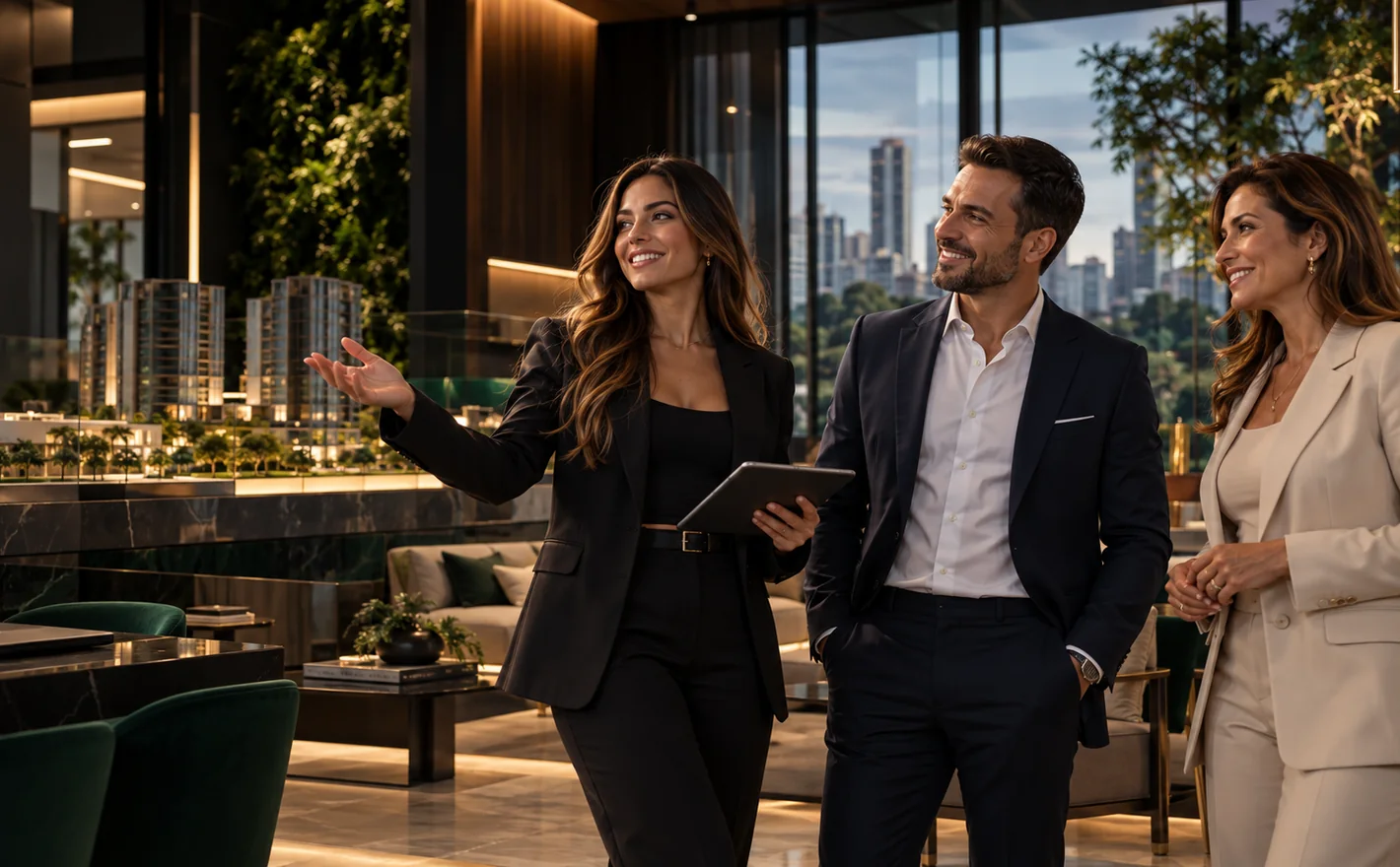 Profissionais em um espaço contemporâneo de atendimento imobiliário
